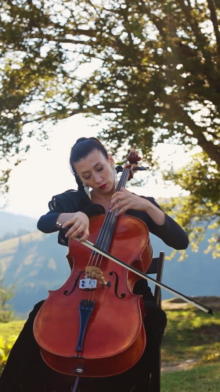 Sitting lady in black dress performs cello music. Musician playing instrument at the backdrop of old tree growing on the hill. Vertical video