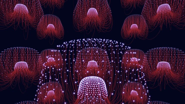Glowing red jellyfish illuminate the dark waters