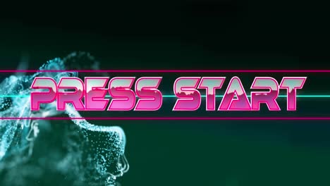 Animation-of-press-start-text-banner-over-glowing-blue-digital-wave-against-green-background