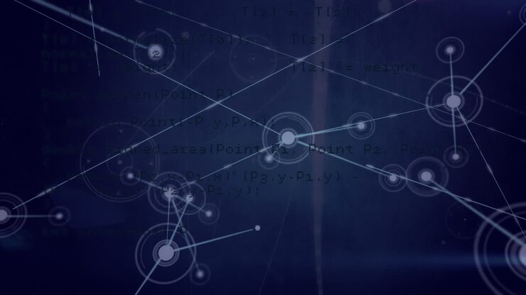Animation of networks of connections and data processing over black background