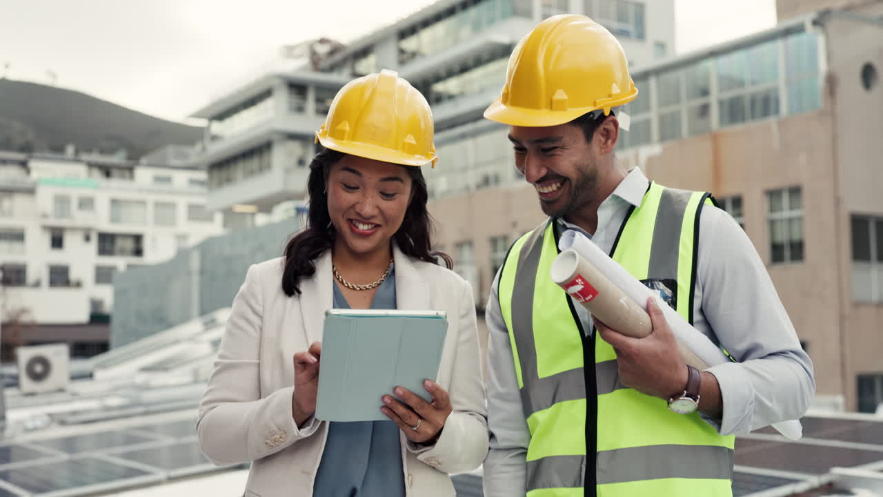 People, architect and tablet on rooftop