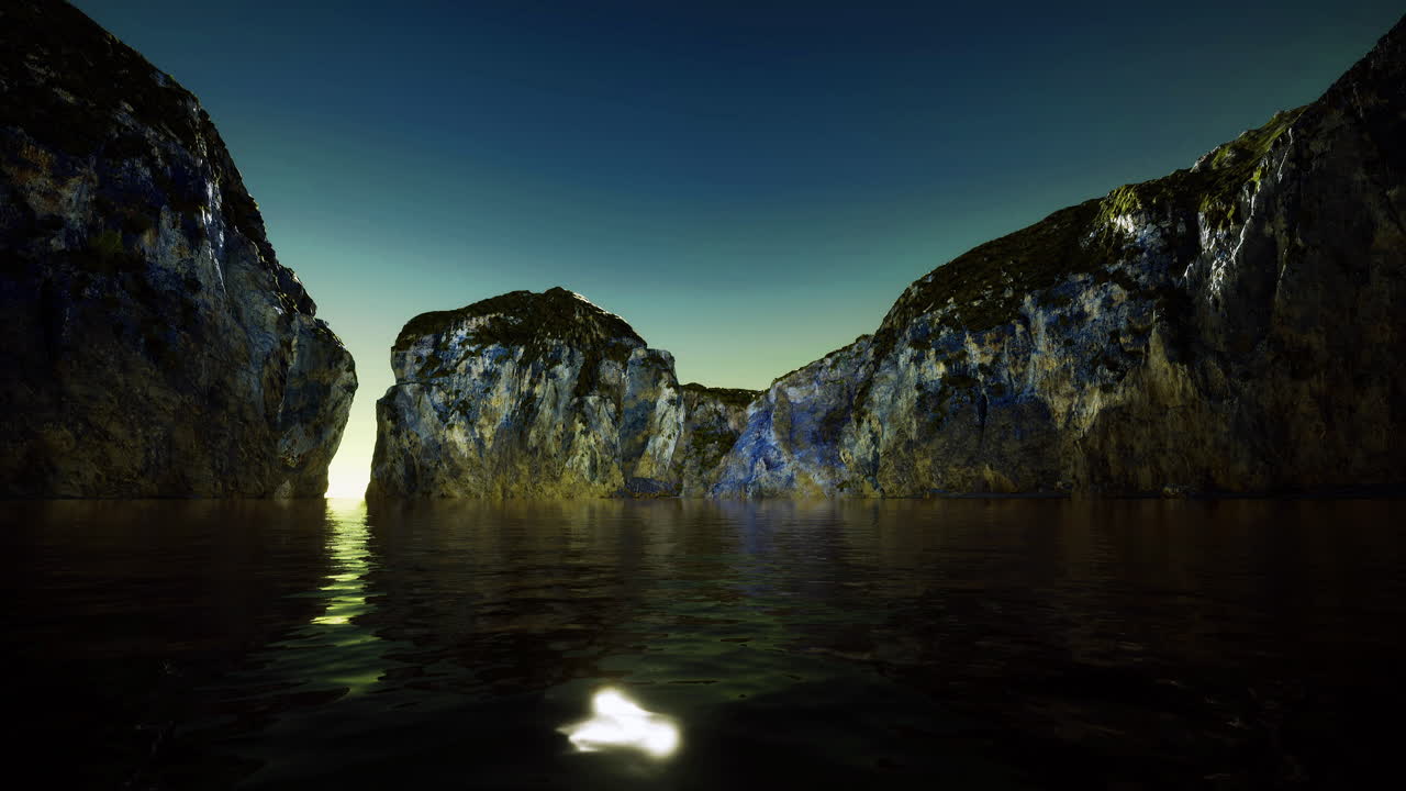 Sunset over serene rocky coastline reflecting on calm water