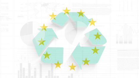 animation of financial data processing and flag of european union over recycling sign