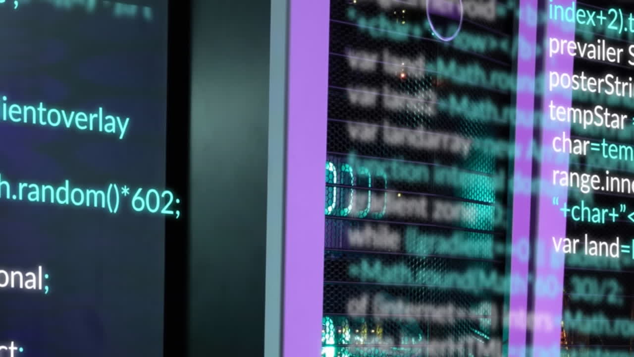 animação de linguagem de computador multicolor sobre o sistema de servidor de dados na sala de servidor de datos