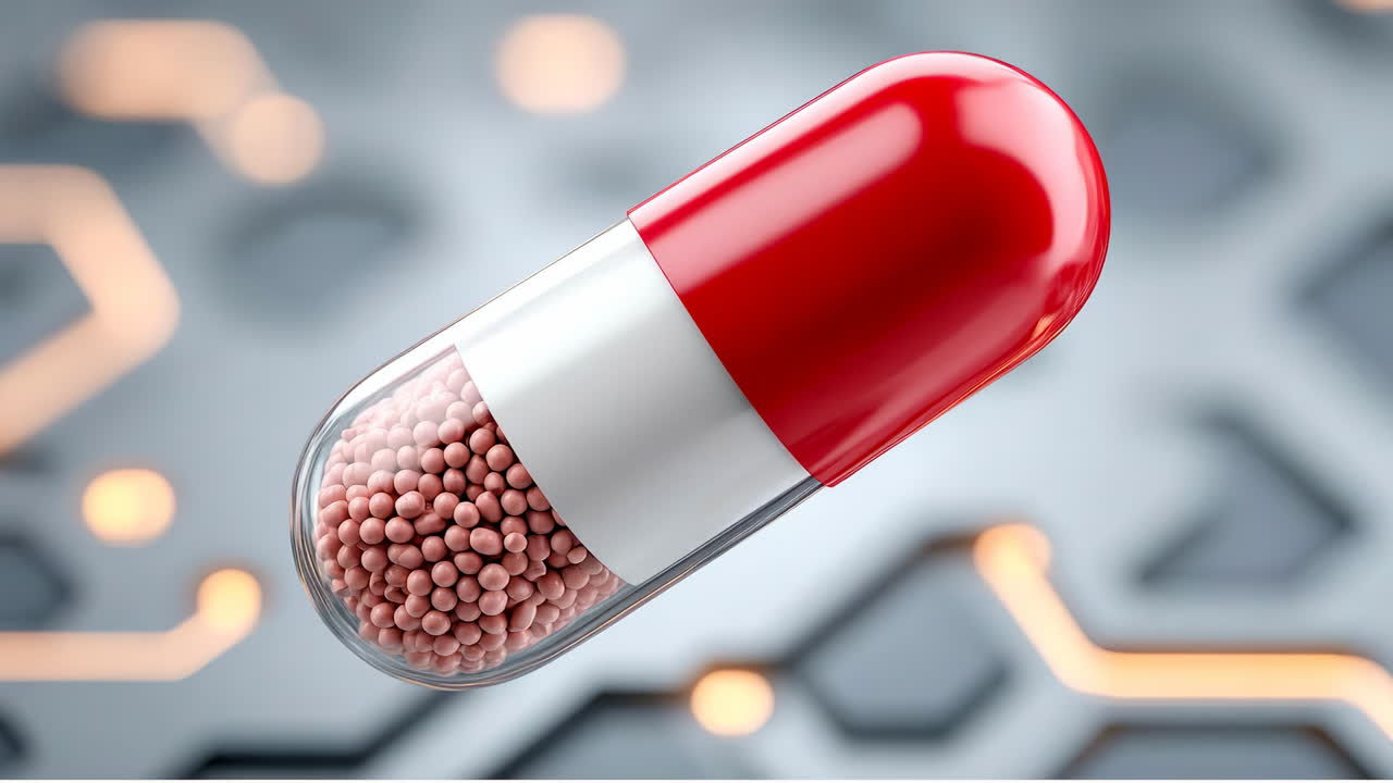 Colorful capsule with pink beads. A large red and white capsule contains many small pink beads, set against a modern abstract background