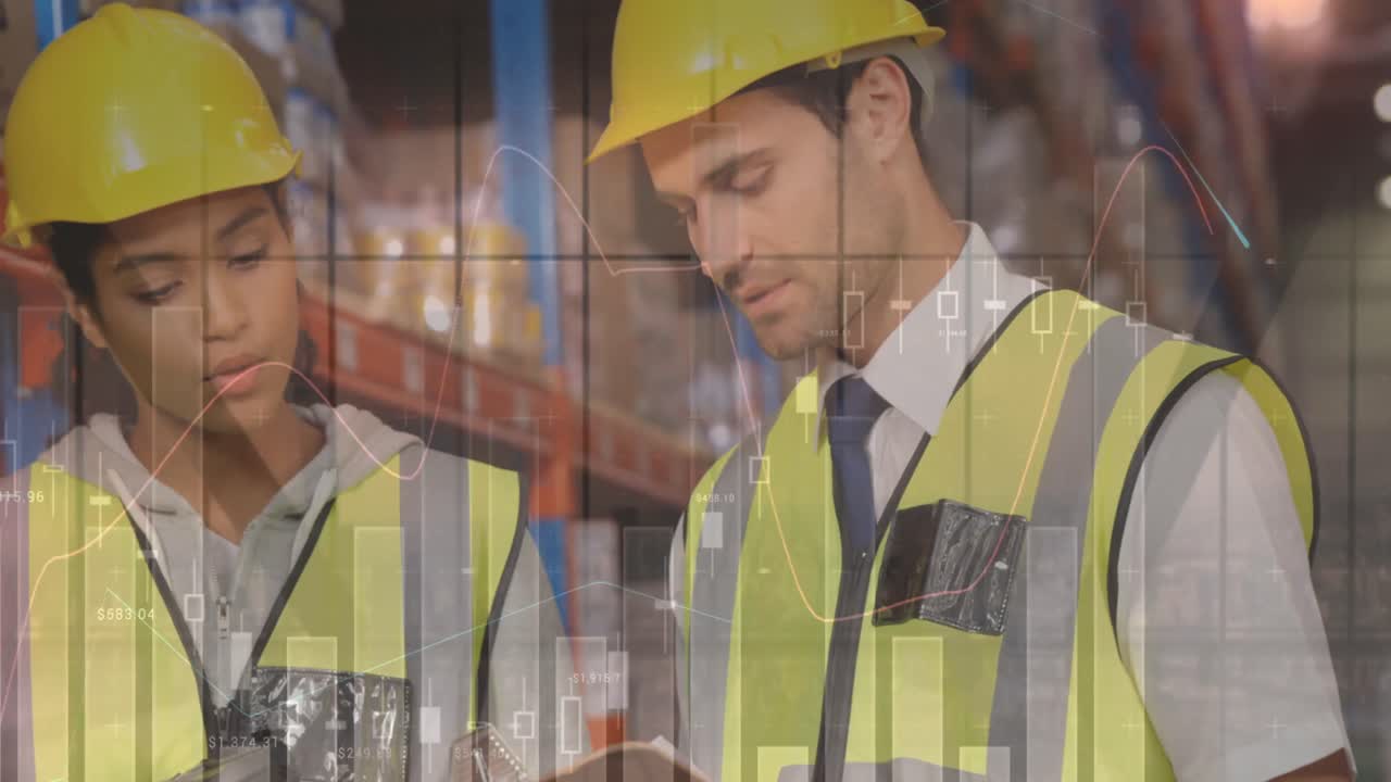 창고에서 일하는 사람들에 대한 데이터 처리의 애니메이션