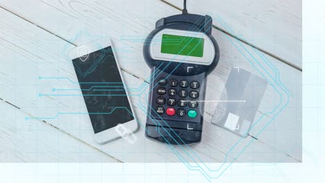 animación de un circuito integrado a través de un teléfono inteligente y una terminal de pago