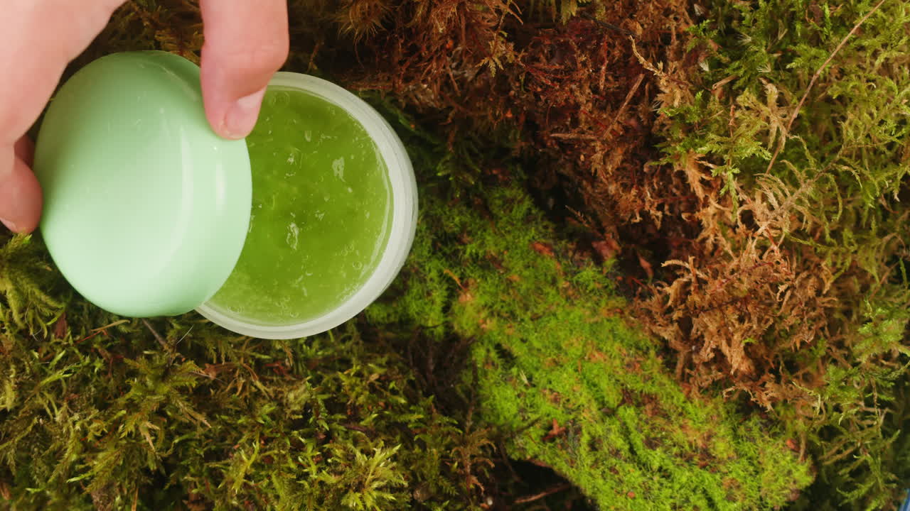 Bottle of cosmetics cream serum on moss forest background green leaves. Woman Make up healthy natural products.