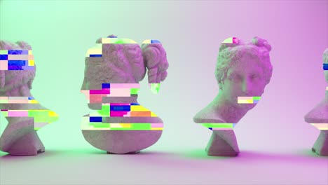 ancient busts in neon light with glitch effect