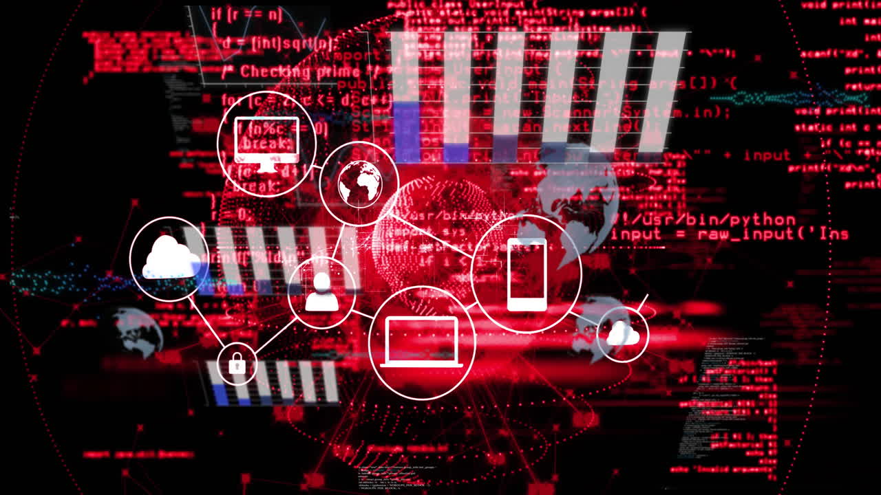 Animation of digital network and cybersecurity symbols over red and black data