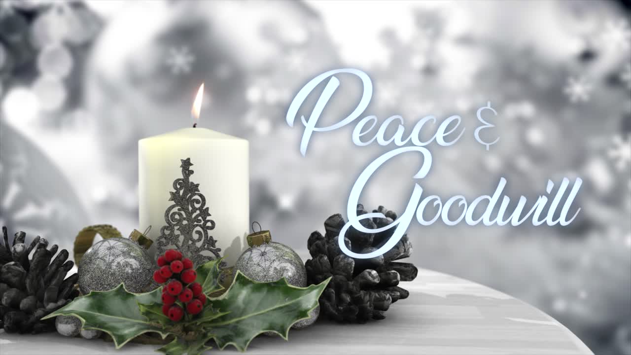 3d cgi de una decoración de mesa de velas navideñas, en blanco frío y plata con una ramita de acebo brillante y un fondo abstracto con temática de hielo