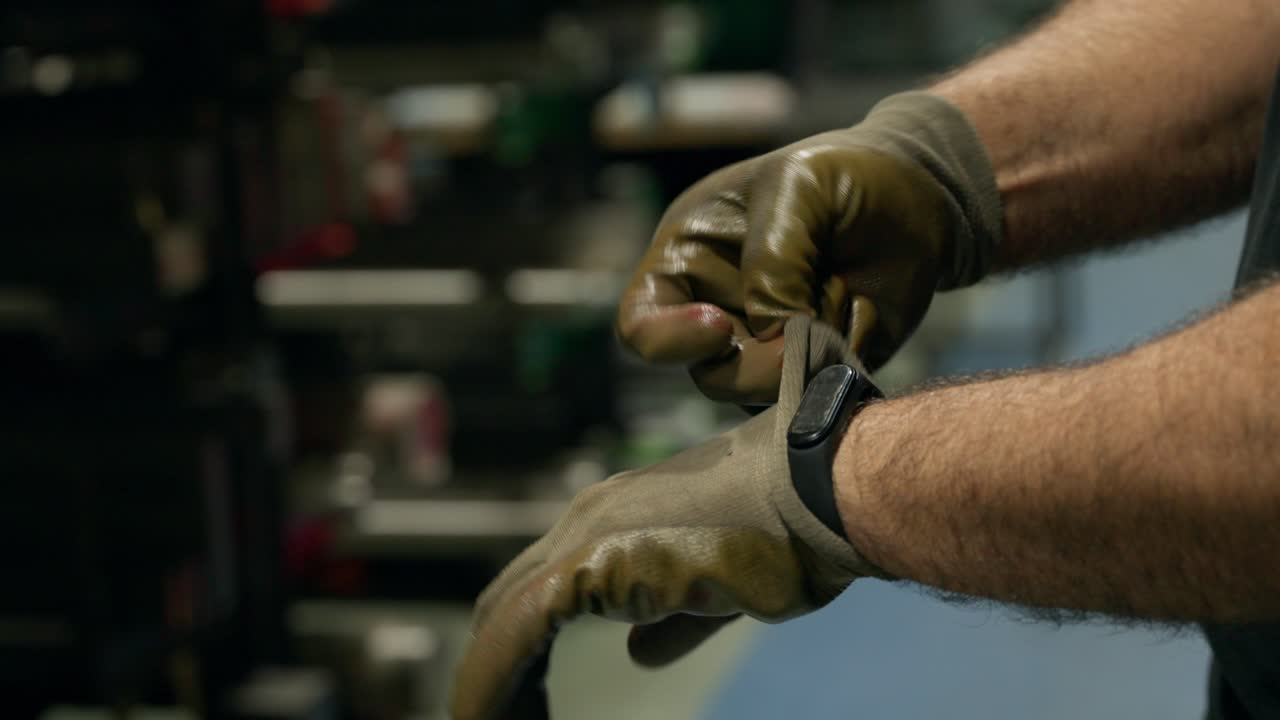 Hands wearing work gloves