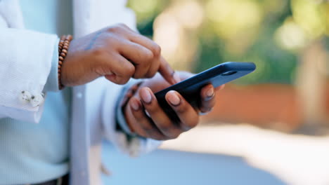 hands, typing and phone in city for social media