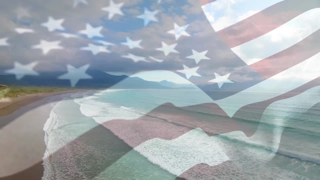 animación de la bandera de los estados unidos ondeando sobre el paisaje marino