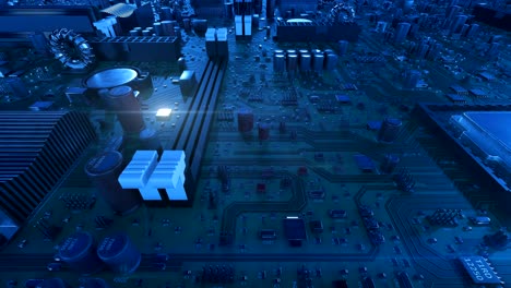 volando sobre la placa base con cpus y flares. animación en bucle 3d de la placa de circuitos con procesadores y flaring. tecnología y concepto digital.