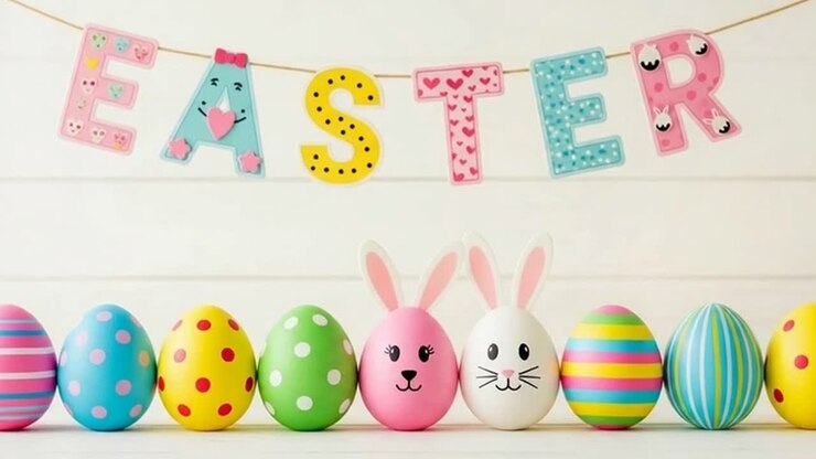 Colorful easter eggs and bunny decoration banner