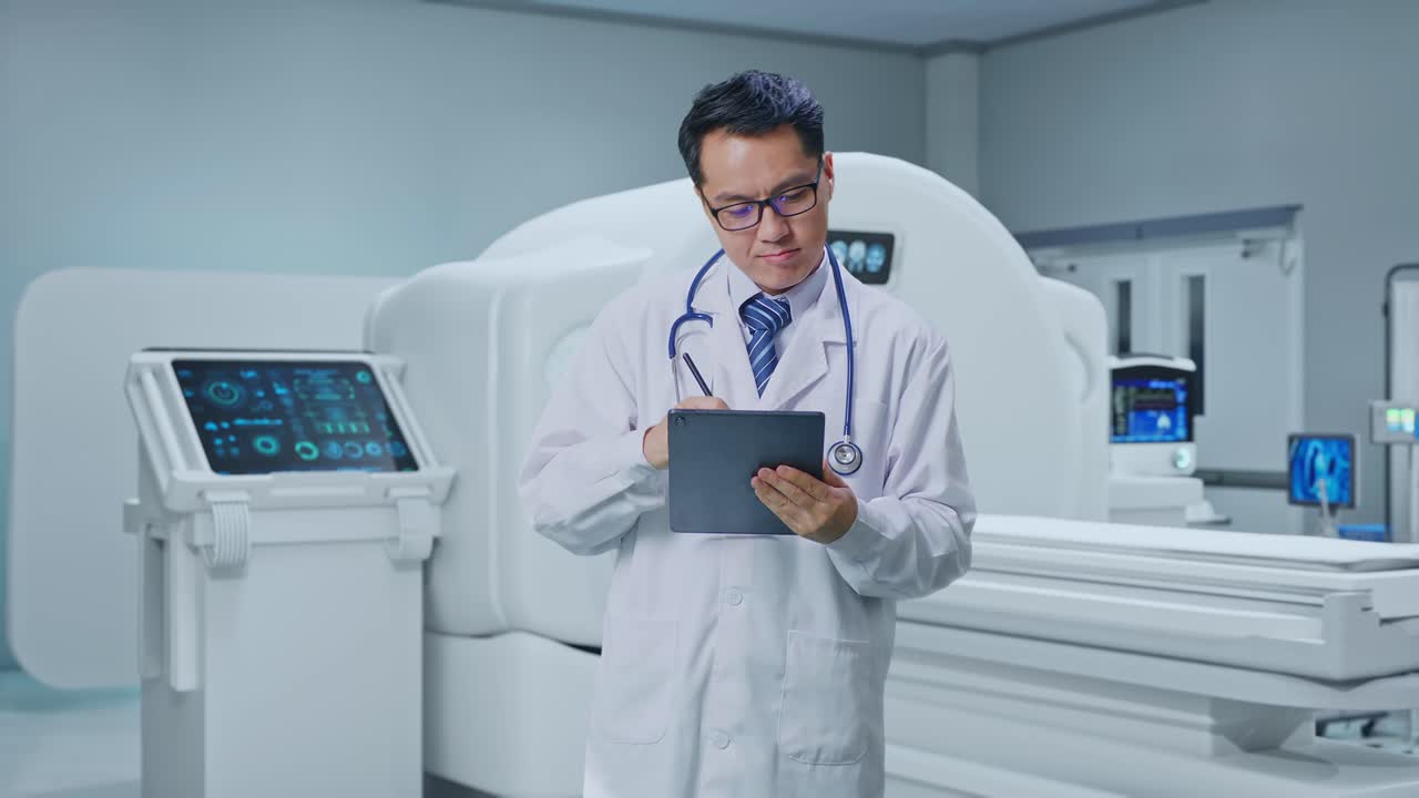 Asian Male Doctor Taking Note On A Tablet While Standing With MRI Machine In The Hospital