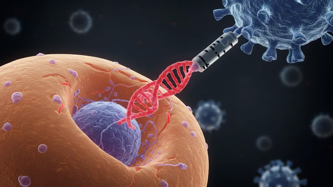 A Visual Representation of Viral Genetic Manipulation, Showcasing the Intricate Interaction Between a Virus and a Host Cell's DNA During Infection and Genetic Transfer