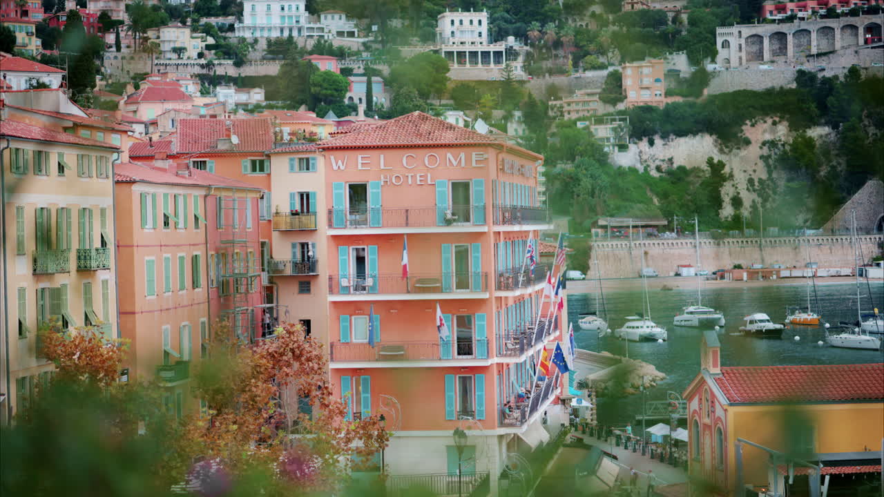 Villefranche sur Mer, France - October 10, 2024: Front view of the Welcome Hotel in the seaside town on the French Riviera