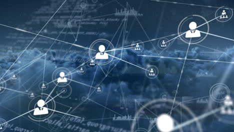 animation of network of connections over cloudy sky and data processing