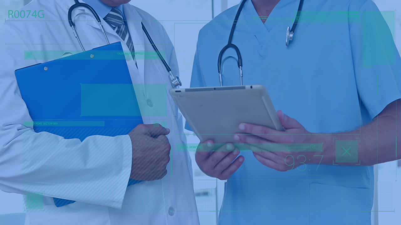 Animation of interface with data processing over mid section of male doctor and health worker