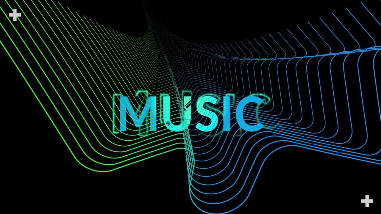 Animation of music text and mesh of light trails moving over black background