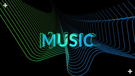 animation of music text and mesh of light trails moving over black background