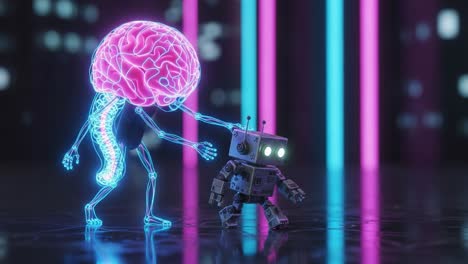 a futuristic encounter: a glowing brain entity reaches out to a small robot companion in a neon-lit environment, symbolizing the bond between intelligence and technology