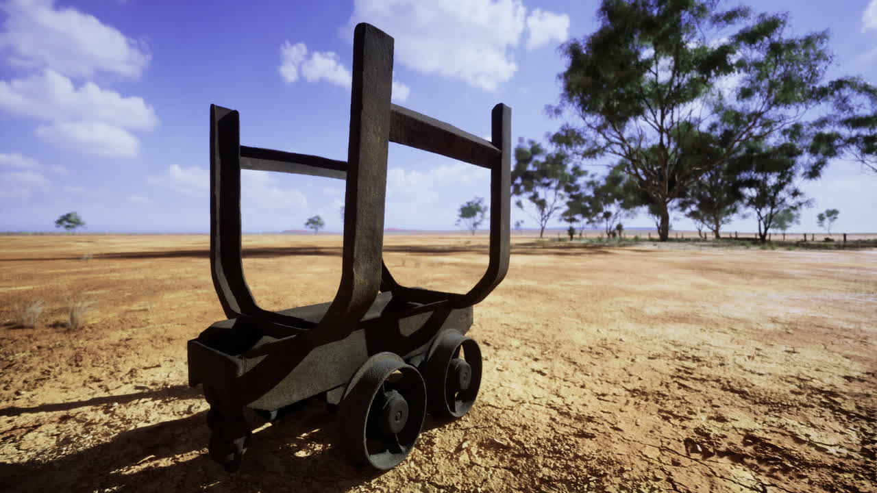 Unique rusty cart rests on dry landscape under vast sky during midday