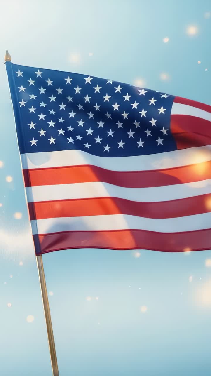 Vertical video: Blowing wind causing US flag rippling on wooden flagpole, with glowing particles