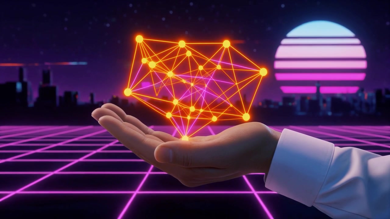 Mano che tiene una struttura di rete digitale luminosa in un ambiente retro synthwave