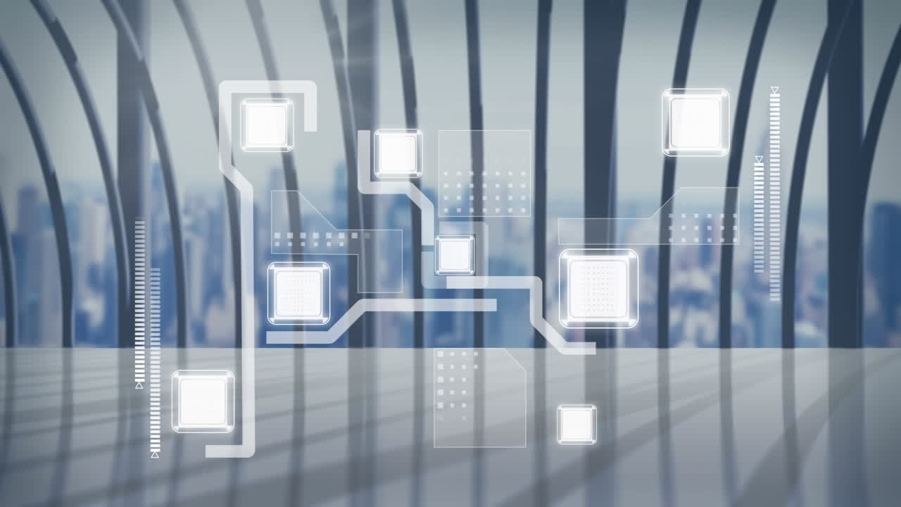 animación de la red de procesamiento de datos sobre edificios modernos y paisajes urbanos