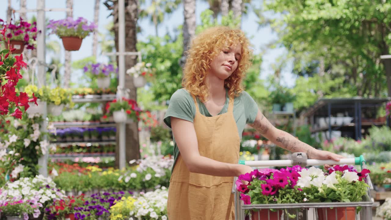 Woman shopping for flowers at garden center