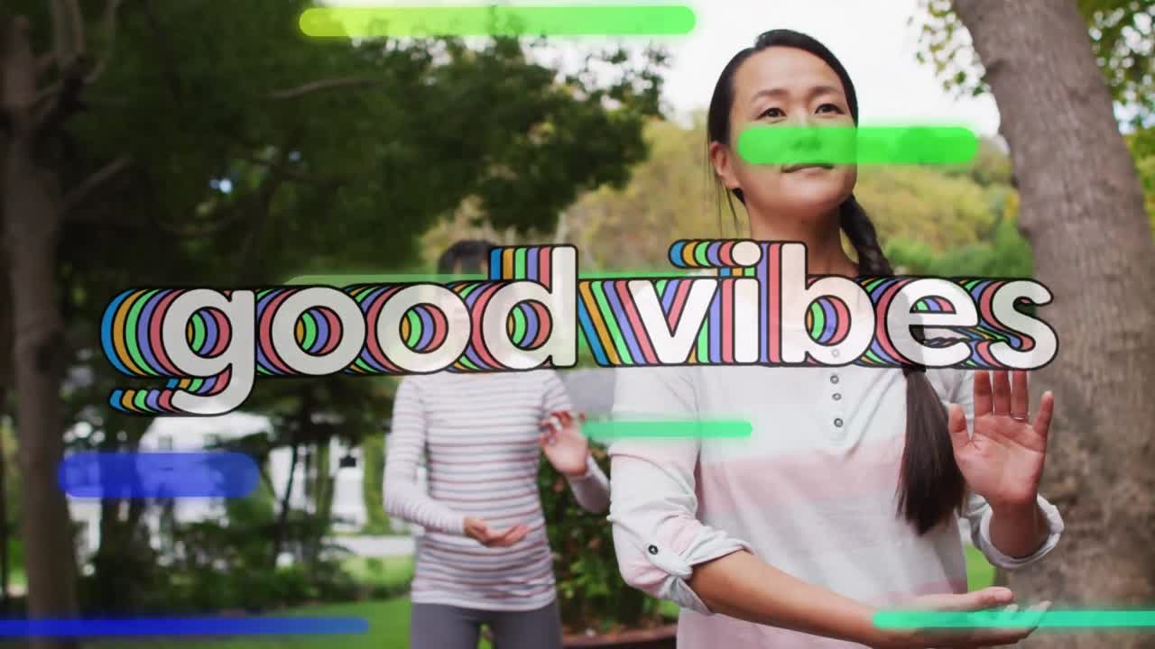 animación de buenas vibraciones texto sobre madre y hija asiática haciendo ejercicio