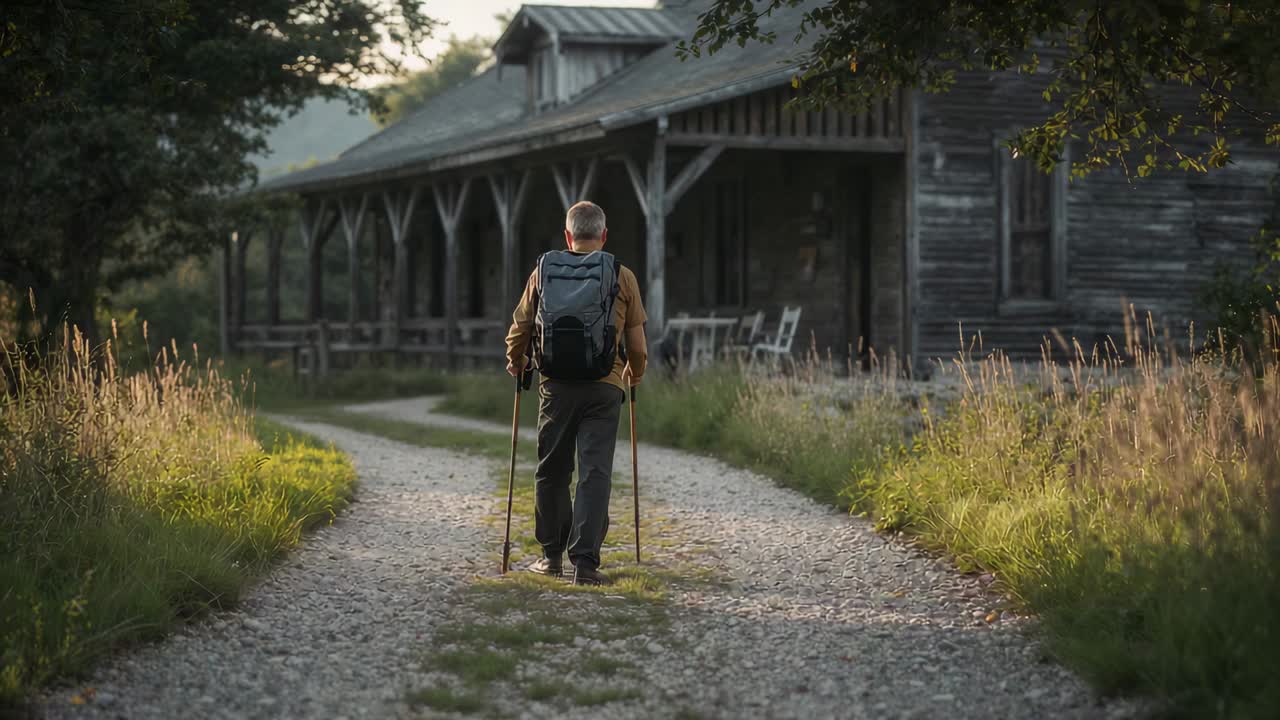 Start vandreturen – ældre mand i brun jakke bruger stave og rygsæk langs grussti til verandaen