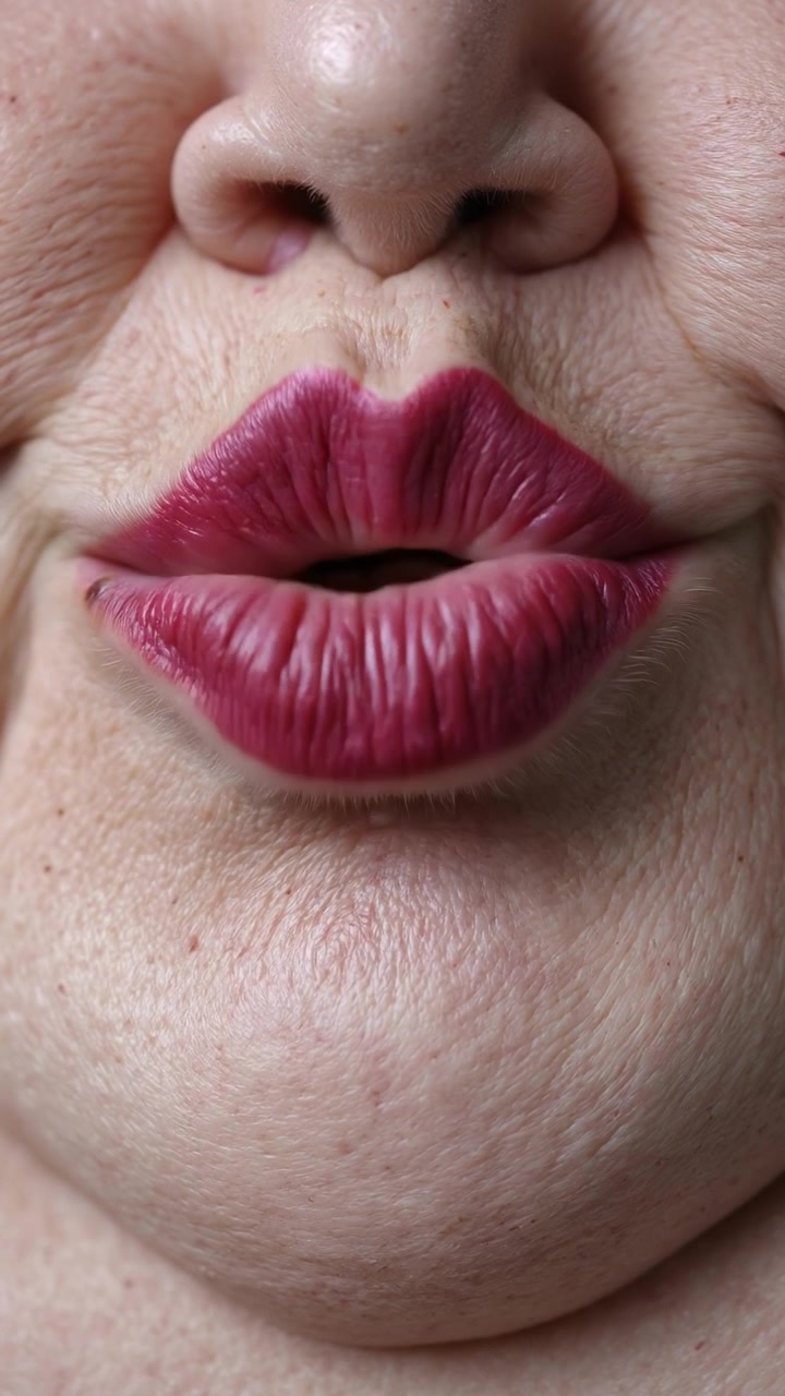 Primo piano della bocca di una donna con rossetto rosa che si apre per mostrare i denti.