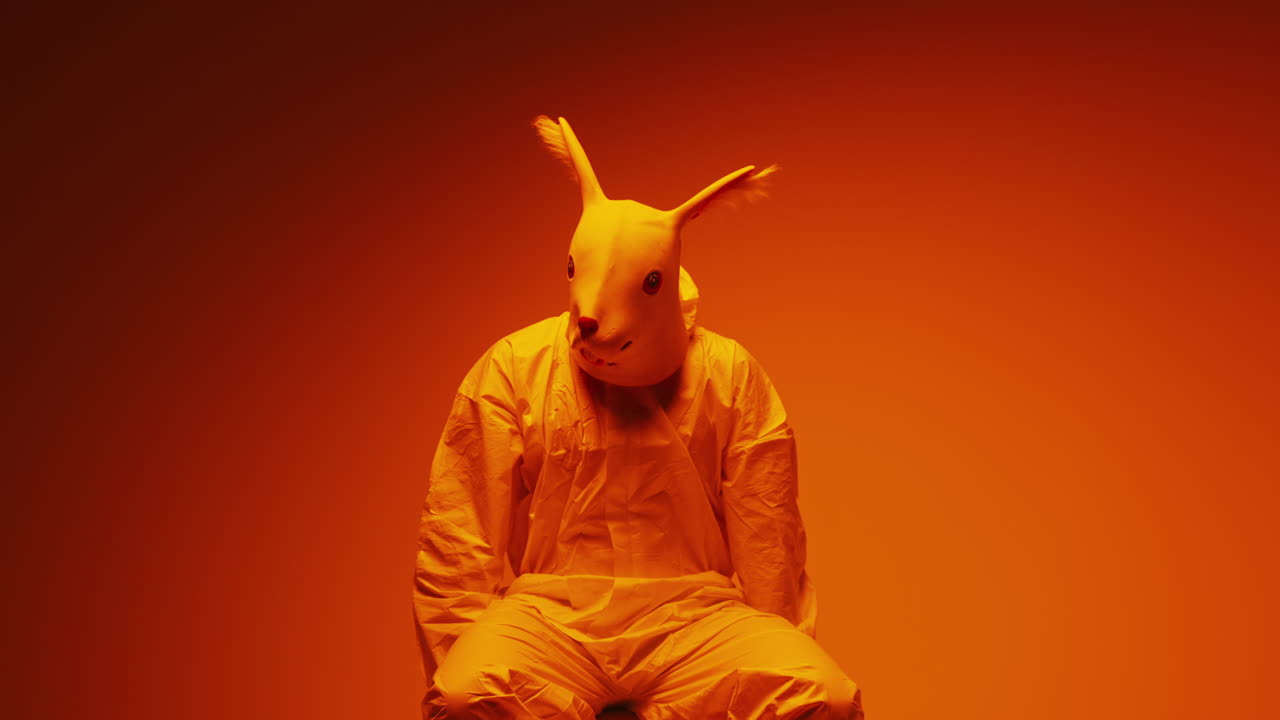 Person in Orange Hazmat Suit with Rabbit Mask