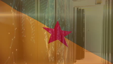 animation of flag of french guiana and digital data processing over computer servers