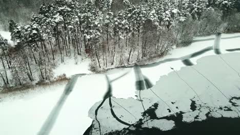 Snowy-forest-above-a-frozen-lake-from-a-bird's-eye-view