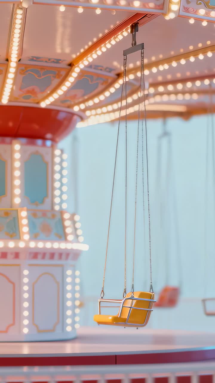 Vertical video: Ride starting, swing canopy turning with yellow double seat swinging at park bulbs