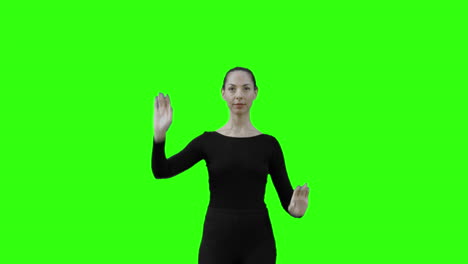 woman act swipe gestures: pitch zoom in and tap with green screen