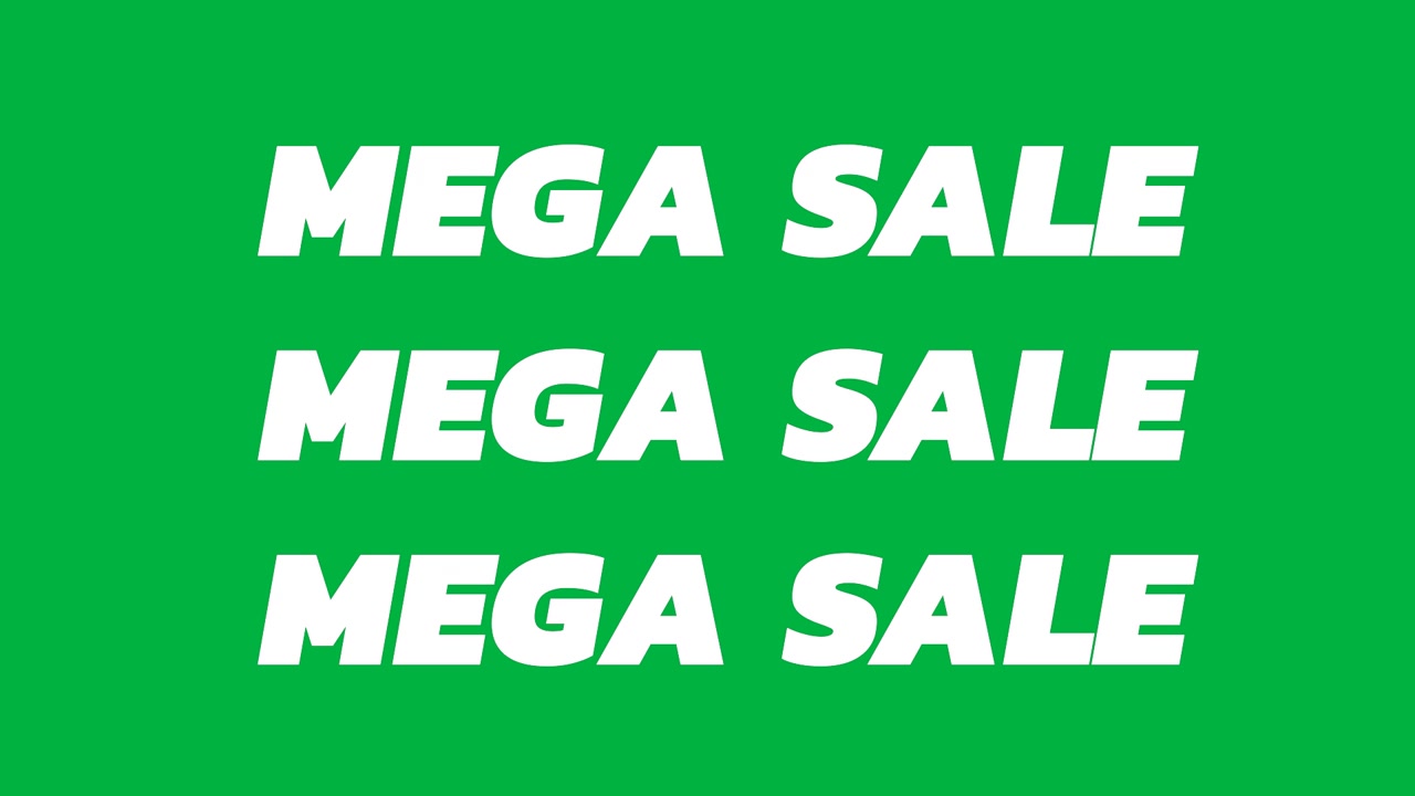 Animation af "mega udsalg" tekst med hvide bogstaver i gentagelse på hvid baggrund