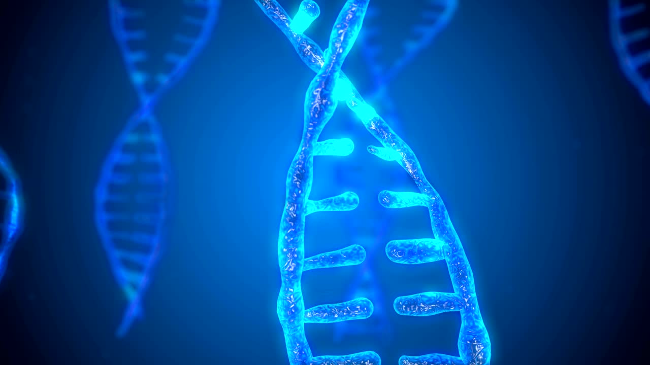 abstracto brillante doble hélice de adn con profundidad de campo. animación de la construcción de adn a partir de escombros. animación científica. imágenes futuristas del genoma. diseño conceptual de información genética. 4k