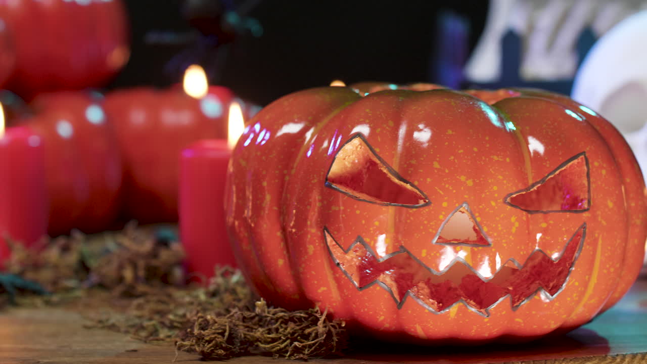 Halloween pumpkins, skulls, and candles