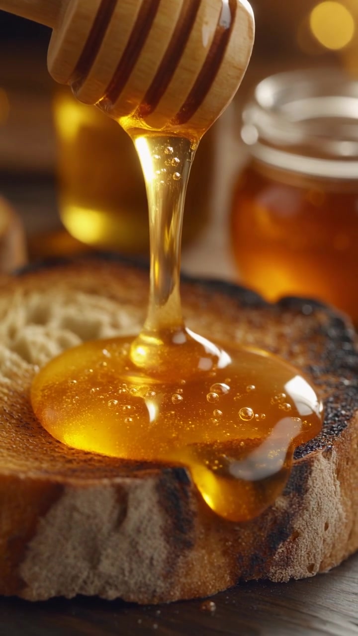 Miele dorato che cola da un mestolino su pane tostato