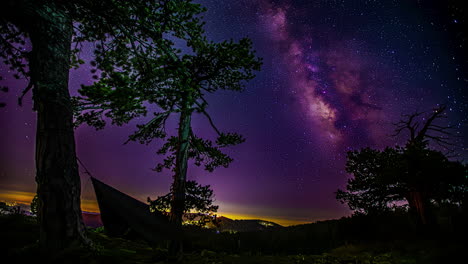 Timelapse-Saturado-De-La-Vía-Láctea-Con-Siluetas-De-árboles