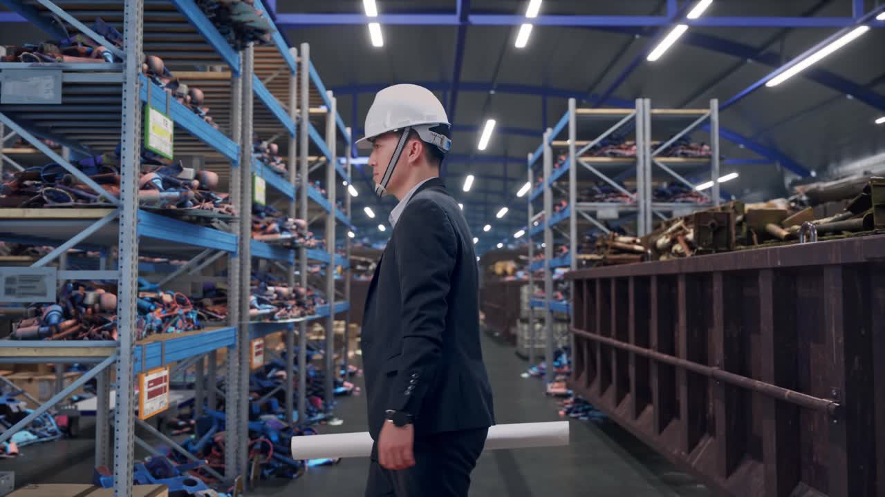 Vista laterale di un uomo d'affari asiatico che tiene una planimetria mentre cammina in un magazzino industriale di rottami metallici e riciclo