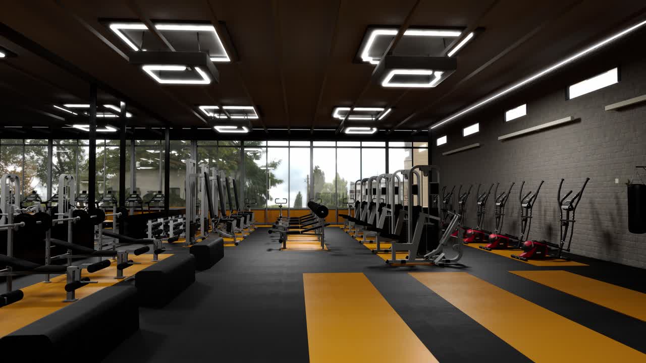 área interior del gimnasio con gimnasio moderno en animación de renderizado 3d. equipos excesivos con diseño moderno. visualización 3d