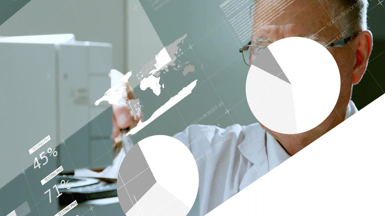 animación de procesamiento de datos financieros sobre científico caucásico que trabaja en el laboratorio