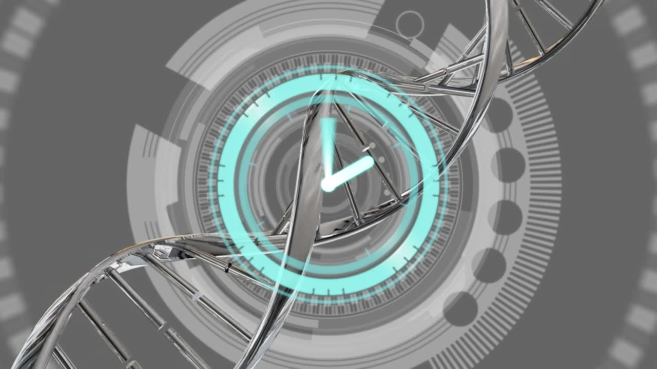 회색 배경에 대한 원형 터널에서 dna 나선 위의 디지털 시계의 애니메이션